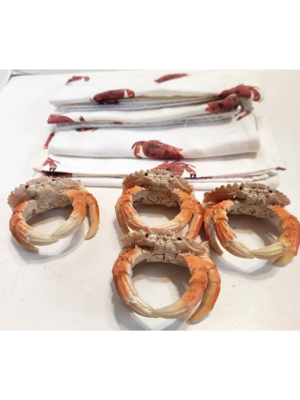 Maryland Crab Cloth Napkins by Cally & Co with Crab Rings Set Of 4 READ